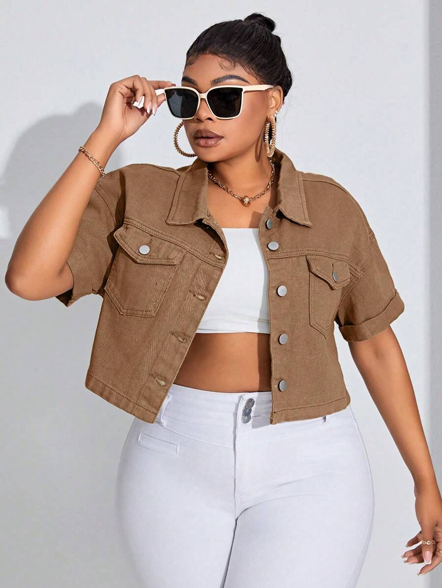 SHEIN SXY Áo sơ mi denim có kích thước lớn có túi trơn thông thường dành cho trang phục dạo phố - màu nâu - Xem 1