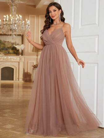 SHEIN Belle Elegantes und romantisches Brautjungfernkleid mit V-Ausschnitt aus Netzstoff, formelles Ballkleid für Frauen