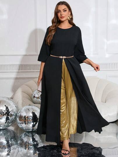 SHEIN Clasi Mono encantador de moda con cuello redondo, manga corta, nudo en la cintura y abertura, talla grande