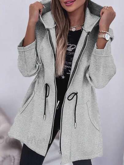 SHEIN LUNE Women's Casual Vacation Drawstring Pocket Hooded Sweatshirt Lightweight Long Jacket