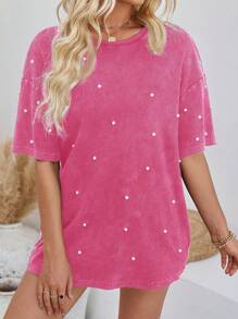 SHEIN LUNE Women Oversized Dropped Shoulder Solid Color Short Sleeve T-Shirt With Rhinestone Embellishment - Hot Pink - View 7