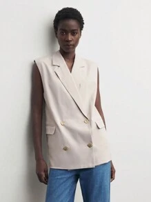 BizChic Chaqueta casual sin mangas con cuello alto, botones frontales y bolsillos para mujer