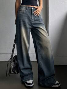 DAZY Quần Jeans Denim Thường Ngày Nhiều Túi Cài Nút Phía Trước Đơn Giản Cho Nữ, Quần Jeans Rộng - Rửa tối - Xem 1