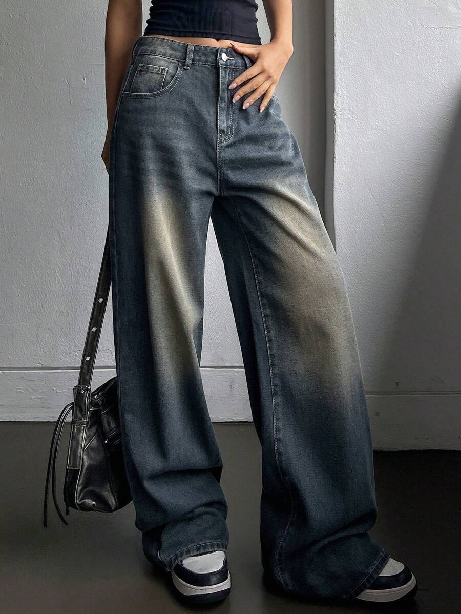 DAZY Quần Jeans Denim Thường Ngày Nhiều Túi Cài Nút Phía Trước Đơn Giản Cho Nữ, Quần Jeans Rộng - Rửa tối - Xem 1