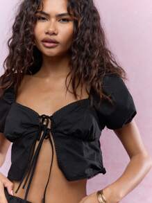 MISSGUIDED Lace Edge Bust Detail Open Front Balloon Sleeves Top And Mini Skirt Co-Ord Set - Black - View 3