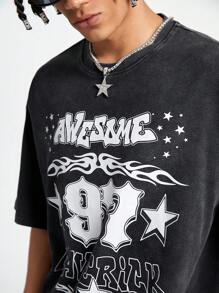 Manfinity VCAY Maglietta a maniche corte con stampa a lavaggio acido, stile ampio, con motivi in inglese e numerici, adatta per l'estate