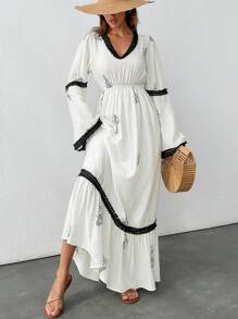 SHEIN Cottnline Embroidered Contrast Trim Vacation Dress - Beige - View 5