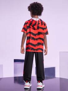 SHEIN Tween男孩蜘蛛印花連帽T恤和字母圖形運動長褲 - 紅色 - 查看 2