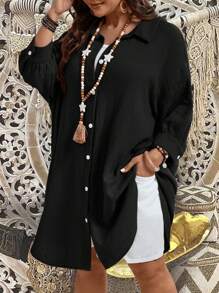 EMERY ROSE Plus Size Women's Brown Simple Long Sleeve Button Down Linen Shirt