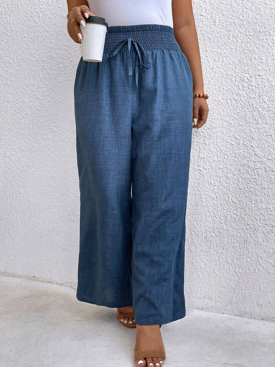 Momelise Plus Size Solid Color Drawstring Waist Casual Pants Fall Cloth For Women - Blue - View 1