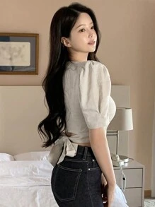 DAZY 女士系带蝴蝶结短款泡泡袖亚麻衬衫 - 杏色 - 查看 2