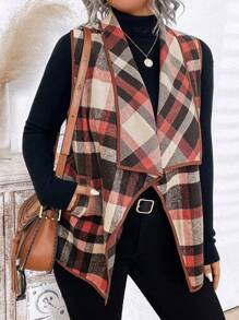 Plus Size Women Plaid Print Asymmetric Hem Pockets Sleeveless Coat, Fall Clothes