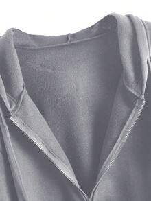 Solid Zip Up Drawstring Thermal Lined Hoodie - Grey - View 4