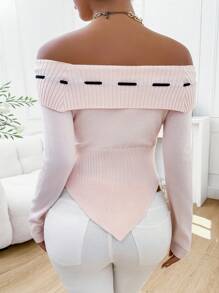 Chiquease Off-Shoulder Tie-Up Asymmetrical Hem Sweater, Autumn/Spring Knit Pullover Fall Winter Outfit