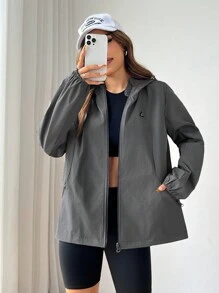 SHEIN EZwear Women's Casual Loose Letter Printed Hoodie Jacket, Spring Autumn - Grey - View 3