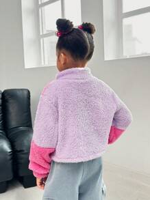 SHEIN Young Girl's Casual All-Match Autumn/Winter New Arrival Stand Collar Short Zip-Up Jacket, Color Blocking In Fuchsia And Purple, Suitable For Fall, Winter, Homewear, Daily, Outdoor, Party, Streetwear