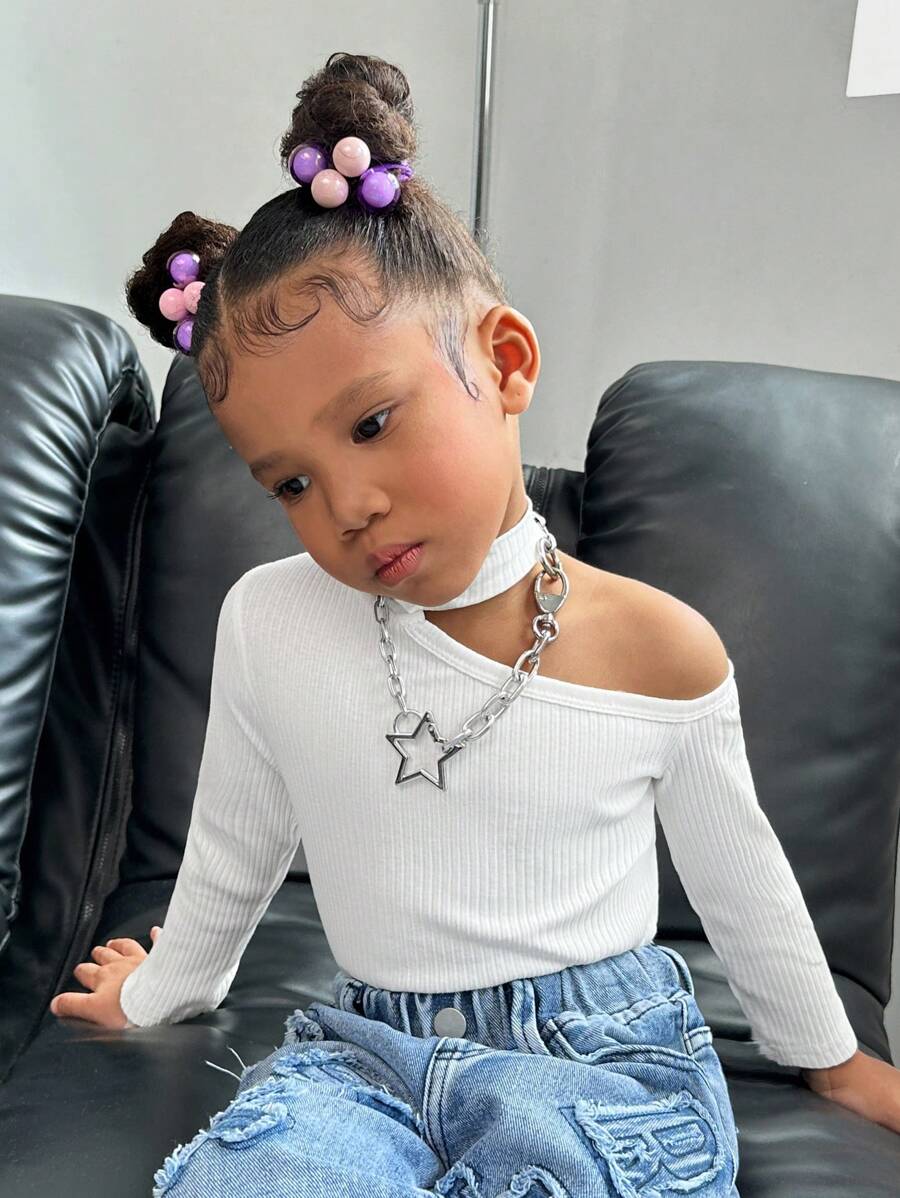 SHEIN Young Girl All-Match Casual Elegant Urban Versatile Open Shoulder Stand Collar Long Sleeve Knit Comfortable T-Shirt White Tee, Suitable For Autumn And Winter, Suitable For School, Commuting And Daily Wear - White - View 1