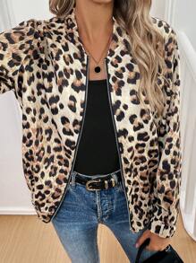 SHEIN LUNE Leopard Print Zip-Up Casual Women's Long Sleeve Jacket