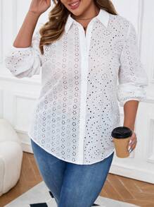 EMERY ROSE Camisa casual ajustada de manga larga con botones y bordados para tallas grandes