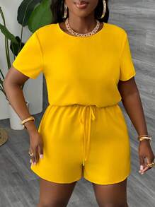 Slaydiva Casual Loose Round Neck Cinched Waist Women's Jumpsuit - Yellow - View 4