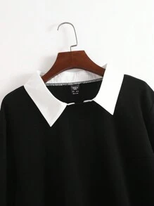 SHEIN CURVE+ Plus Size Women's Spring Autumn 2 In 1 Contrast Collar Fall Sweatshirt Graduation,Back To School Outfits,Graduation,Teacher Outfits For Women,Back To School - Black and White - View 3