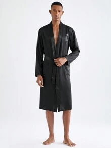 Men's Casual Belted Loungewear Robe - Black - View 6