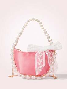 SHEIN MOD Fashion Solid Color Pearl Lace Bow Decor Half-Round Handbag For Women, Cute Bow Bag For Women - Pink - View 2