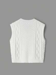 SHEIN MOD Vintage V-Neck Loose Textured Knitted Vest,Women Sweater Vest, Cream Vest, Back To School Sweater, Winter Sweater, Apricot Vest - Beige - View 2