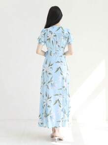 DAZY Women Floral V-Neck Fitted Short Sleeve Dress, Autumn Sundress