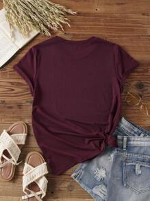 Women's Solid Color Basic Crew Neck Short Sleeve T-Shirt - Burgundy - View 2