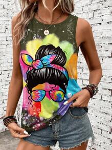 SHEIN LUNE Summer Casual Colorful Tie-Dye Printed Women's Tank Top Featuring Figure Print