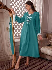 Chemise de nuit longue à manches longues, en dentelle et coton froissé, avec lien devant pour femme - Vert - Voir 4