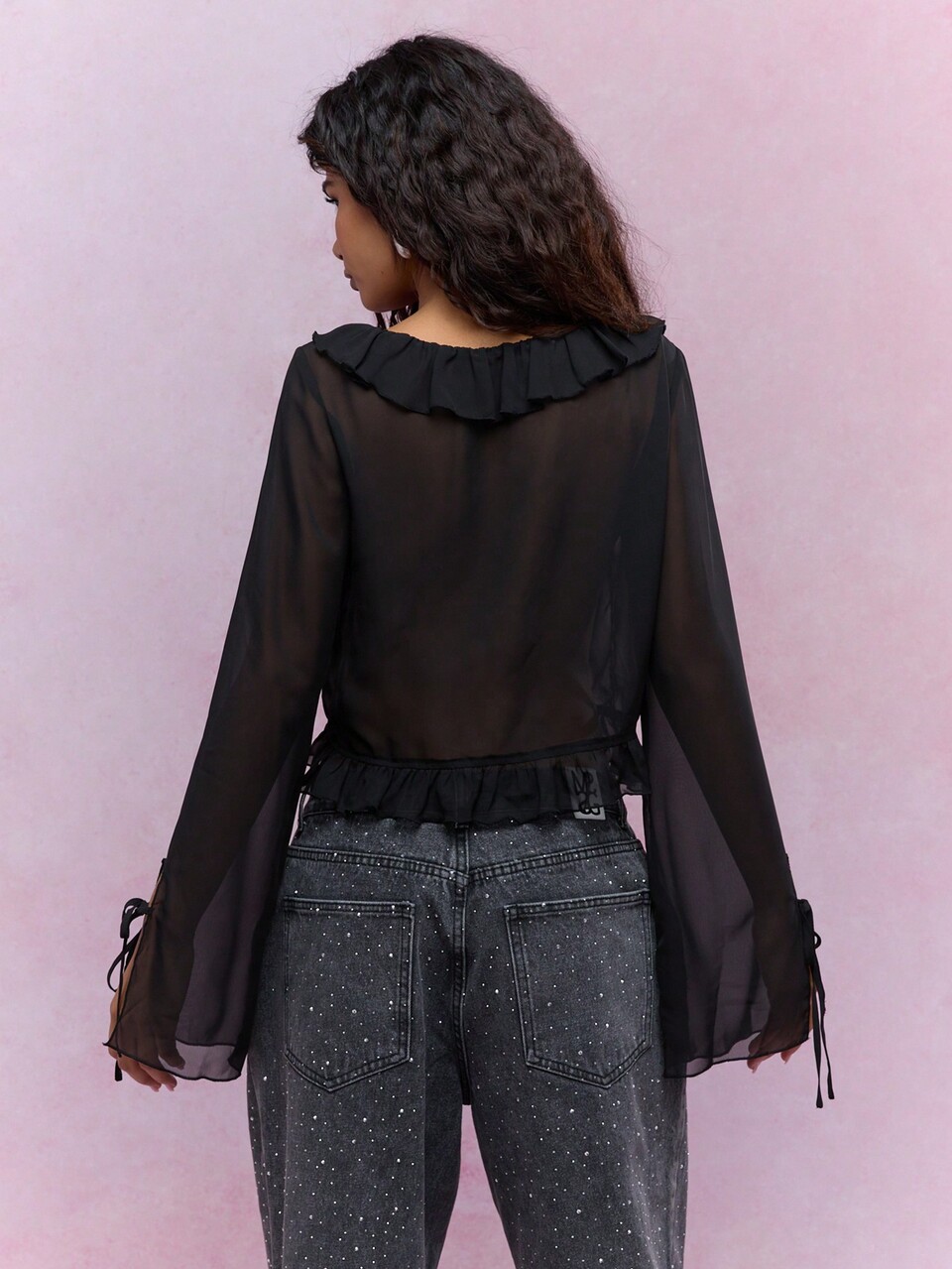 MISSGUIDED Boho Sheer Ruffle Frill Detail Front Open Tying Flared Long Sleeves Crop Top Butterfly Style Top