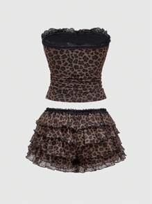 ROMWE J-Fashion Y2K Hot Girl 豹纹抹胸和短裤套装，适合女性和学校 - 棕色 - 查看 2