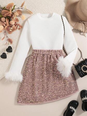 2pcs/Set Tween Girls Round Neck Fuzzy Patchwork Sweater And Glittery Decorated Skirt Set
