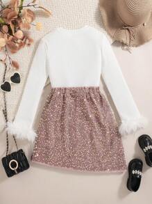 2 件套 Tween 女童圆领毛绒拼布毛衣和闪亮装饰裙子套装