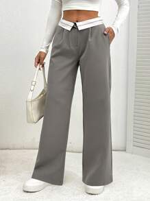 SHEIN PETITE Pantalones de mujer pequeña con cintura plegada de bloque de color y bolsillos inclinados