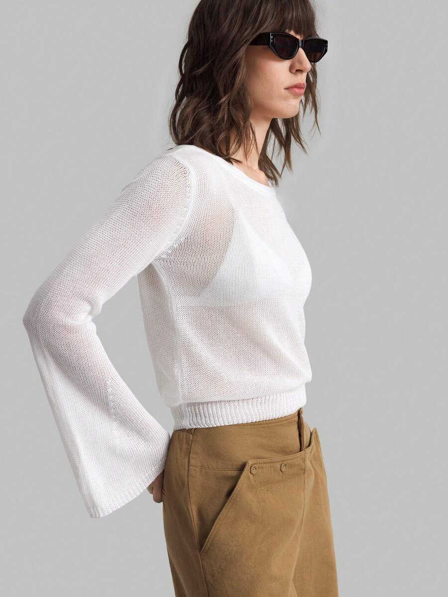 Ontre Jersey básico de cuello redondo de manga larga para mujer, blanco - Blanco - Ver 1