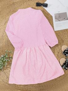 Breezaya Women's Summer Plaid Printed Notched V-Neck Lantern Sleeve Ruffled Hem Cute Doll Dress Fall Cloth For Women - Baby Pink - View 2