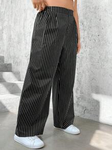 SHEIN Essnce Plus Size Women's Black & White Striped Loose Casual Pants With Pockets