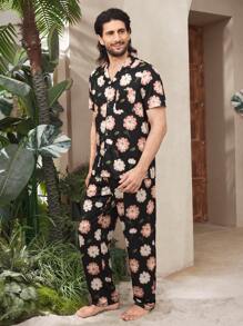 Men's Floral Print Short Sleeve Pajama Set (Shirt & Shorts), Summer Sleepwear - Black - View 8