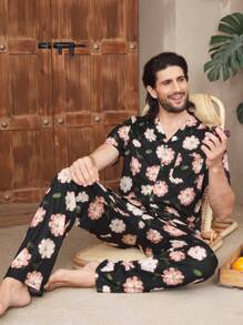 Men's Floral Print Short Sleeve Pajama Set (Shirt & Shorts), Summer Sleepwear - Black - View 9