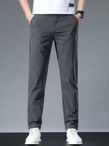 Pantalones casuales de unicolor con bolsillos y corte entallado para hombre, para otoño - Gris Oscuro - Ver 4