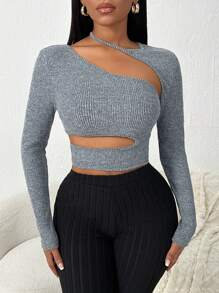 SHEIN SXY 深灰色罗纹针织毛绒长袖露肩上衣 - 深灰色 - 查看 1