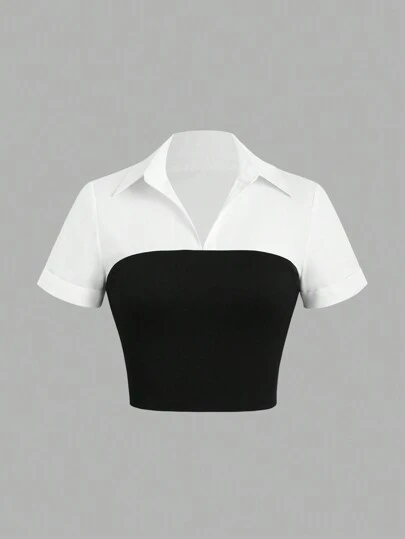 Sweetra Color Block Short Sleeve Casual Top