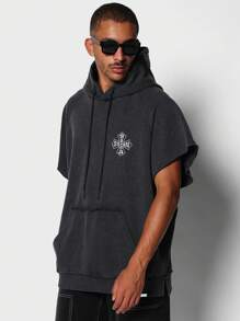 SUMWON Sleeveless Hoodie Drawstring Casual Athletic Streetwear Oversized Distressed Washed Cotton Blend Graphic Logo Urban Sports Basketball Training Spring Summer Fall - Black - View 2