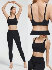 GLOWMODE Wide Shoulder Straps Sports Bra Adjustable  Scoop Neck One Piece Padding Light Support Low Impact Yoga Studio Gym Daily - Black - View 8