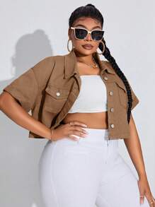 SHEIN SXY Áo sơ mi denim có kích thước lớn có túi trơn thông thường dành cho trang phục dạo phố - màu nâu - Xem 5