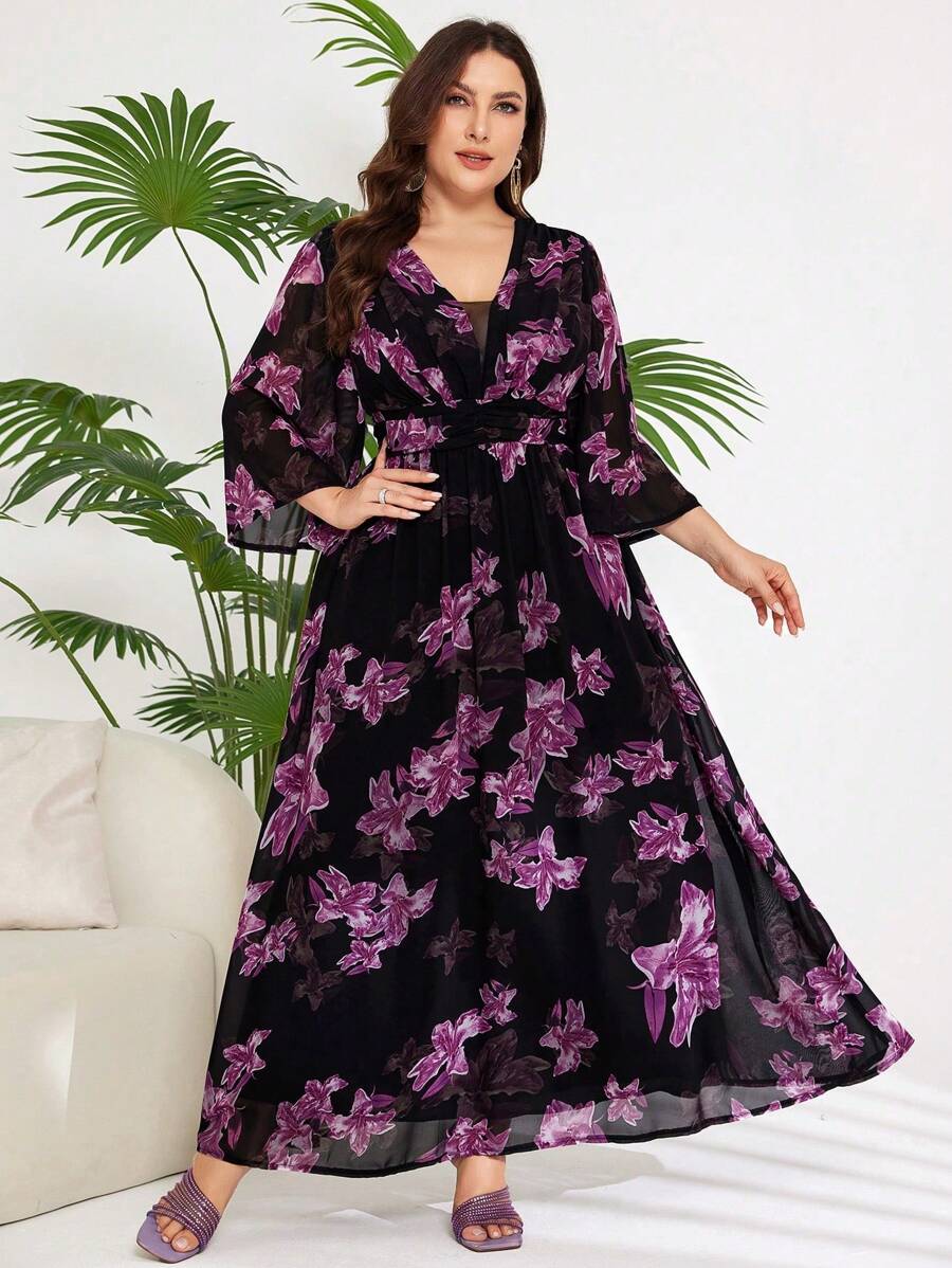 Modelyn Plus Size Summer Elegant Allover Print Flower Long Dress, Long Chiffon Elegant Dress For Wedding Guest/Occasion/Ceremony/Evening Party - Purple - View 1