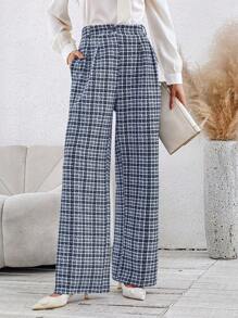 SHEIN Clasi Women's Blue Plaid Insert Pleated Leg Suit Pants - Multicolor - View 3